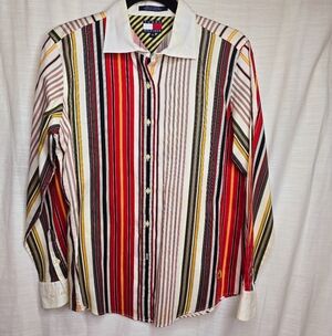 VTG 90s Tommy Hilfiger Striped Button Down 100% Cotton Shirt Womens Sz 10